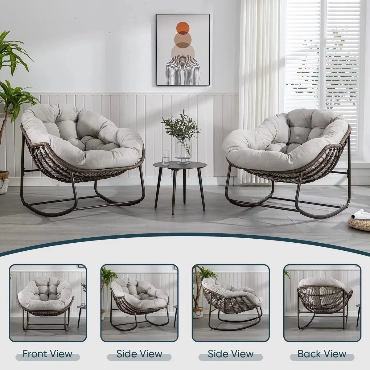 Outdoor Papasan Rocking Chair With Thick Cushion, Grey - 43.70in D x 37.20in W x 31.50in H