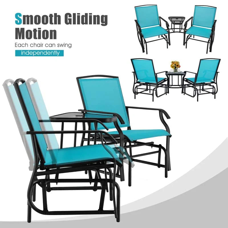 2-Person Double Swing Glider Chair With Glass Table, Steel And Fabric - 77in x 34in x 36in