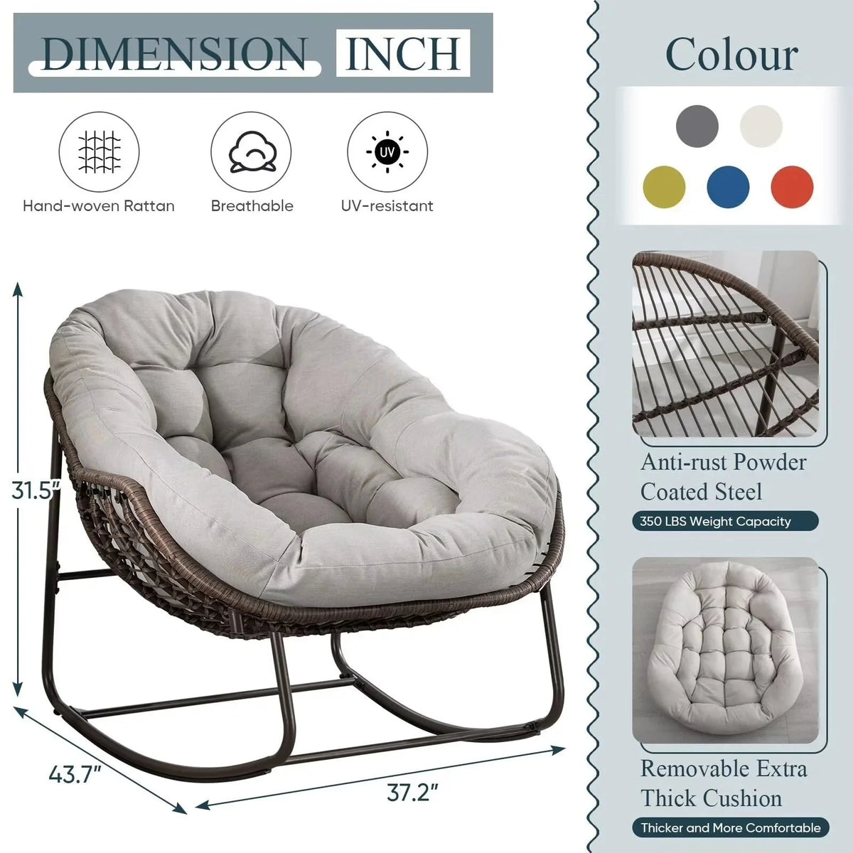 Outdoor Papasan Rocking Chair With Thick Cushion, Grey - 43.70in D x 37.20in W x 31.50in H