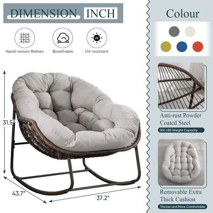 Outdoor Papasan Rocking Chair With Thick Cushion, Grey - 43.70in D x 37.20in W x 31.50in H