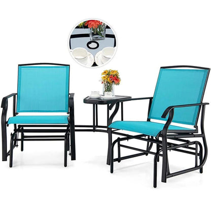 2-Person Double Swing Glider Chair With Glass Table, Steel And Fabric - 77in x 34in x 36in