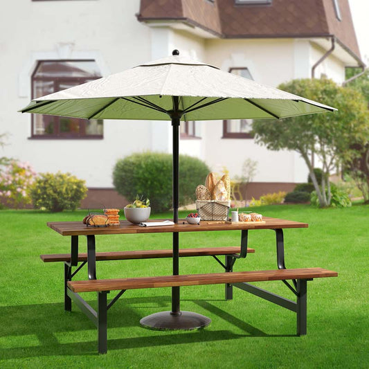 Acacia Wood Picnic Table Bench Set, 71in With 2in Umbrella Hole And Metal Frame