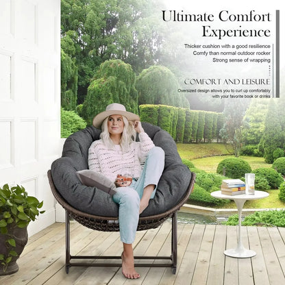 Outdoor Papasan Rocking Chair With Thick Cushion, Grey - 43.70in D x 37.20in W x 31.50in H