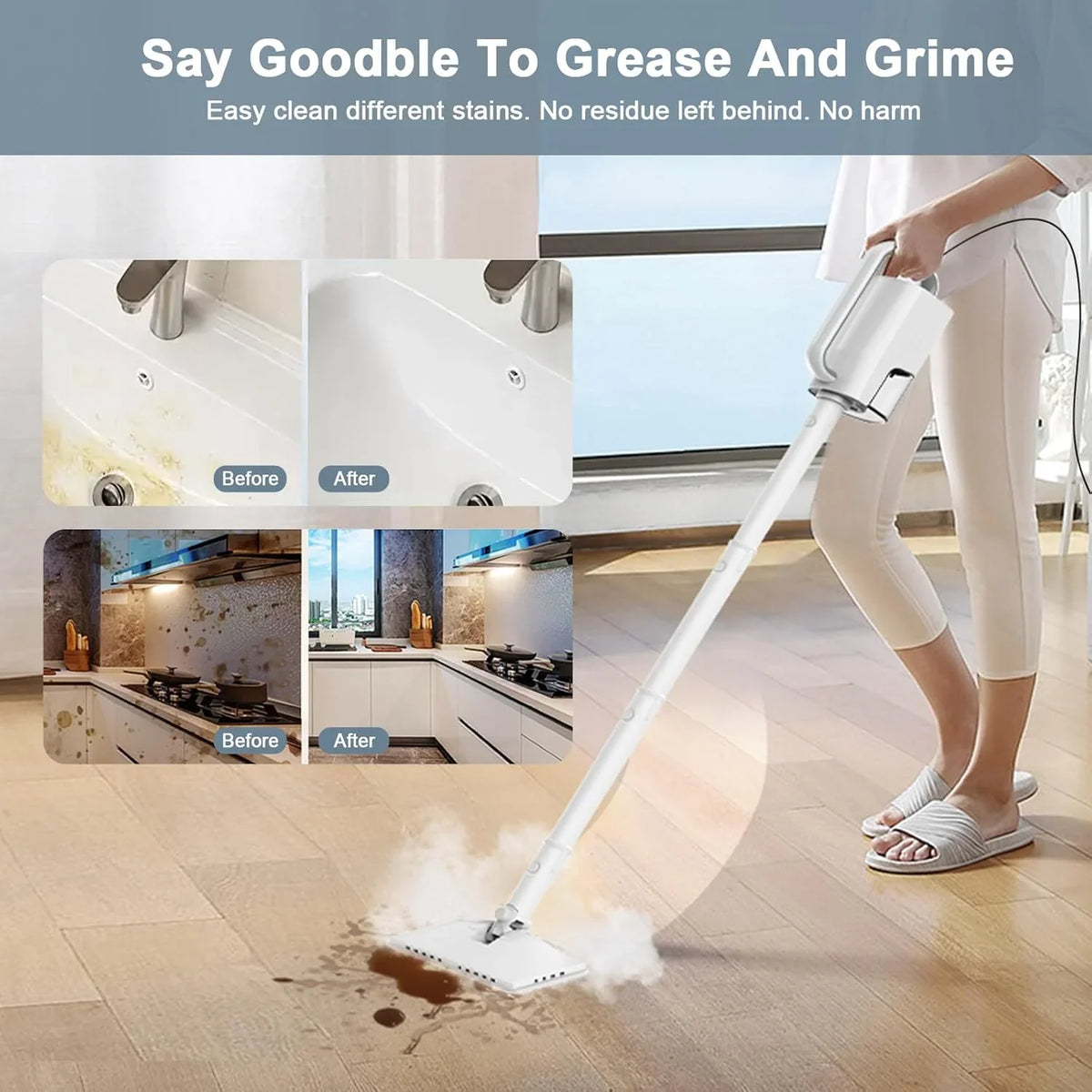 6-in-1 Rotating Steam Mop Cleaner, Light Blue, 400ML Tank, 23FT Power Cable, 2 Microfiber Pads