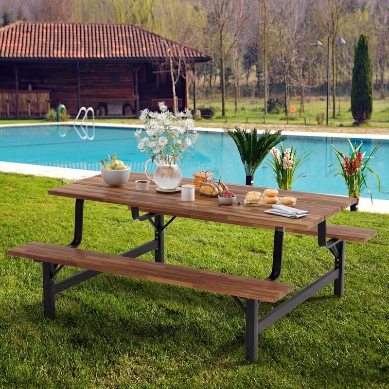 Acacia Wood Picnic Table Bench Set, 71in With 2in Umbrella Hole And Metal Frame