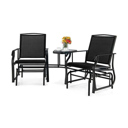 2-Person Double Swing Glider Chair With Glass Table, Steel And Fabric - 77in x 34in x 36in
