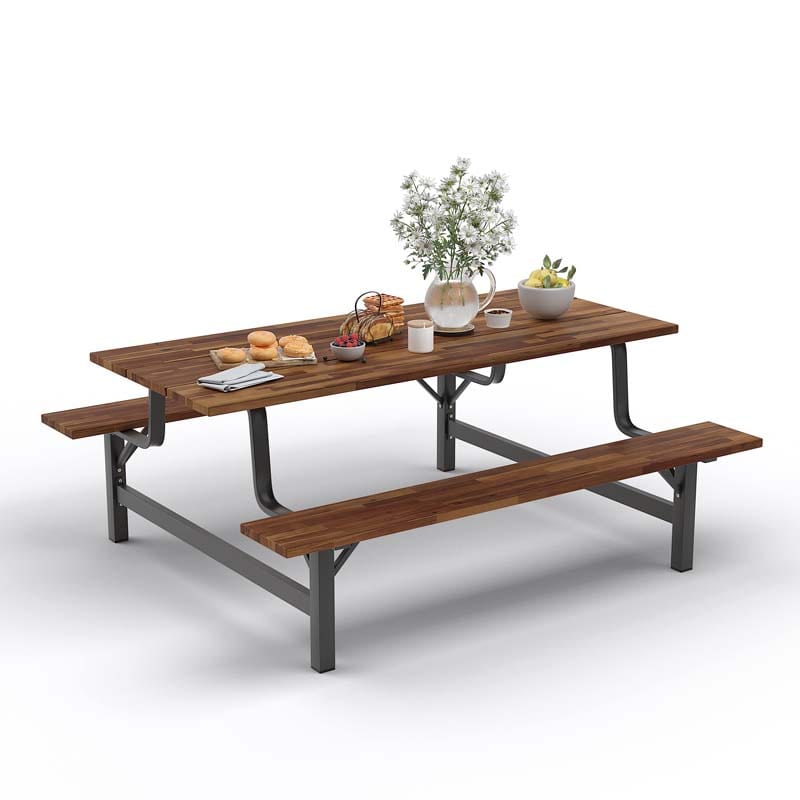 Acacia Wood Picnic Table Bench Set, 71in With 2in Umbrella Hole And Metal Frame