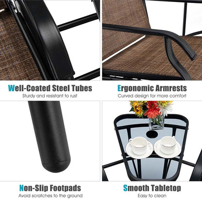 2-Person Double Swing Glider Chair With Glass Table, Steel And Fabric - 77in x 34in x 36in