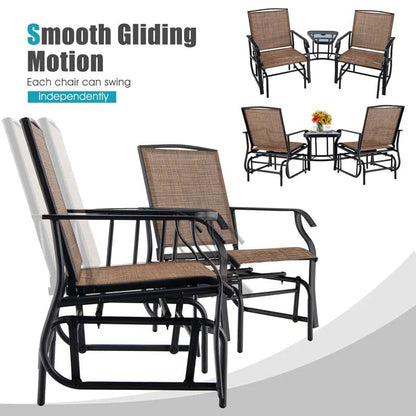 2-Person Double Swing Glider Chair With Glass Table, Steel And Fabric - 77in x 34in x 36in