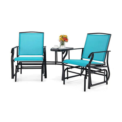 2-Person Double Swing Glider Chair With Glass Table, Steel And Fabric - 77in x 34in x 36in