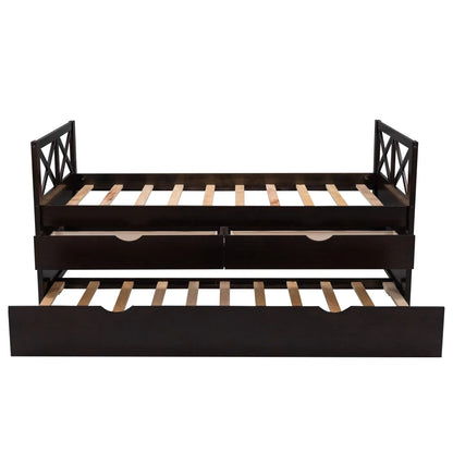 Captain Wood Twin Bed With Trundle And 3 Drawers, Brown, 78.9 in L x 42.7 in W x 36.2 in H