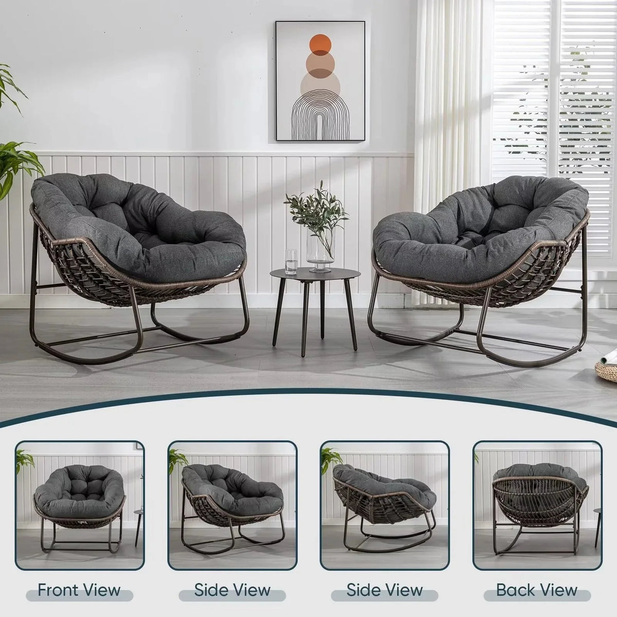 Outdoor Papasan Rocking Chair With Thick Cushion, Grey - 43.70in D x 37.20in W x 31.50in H