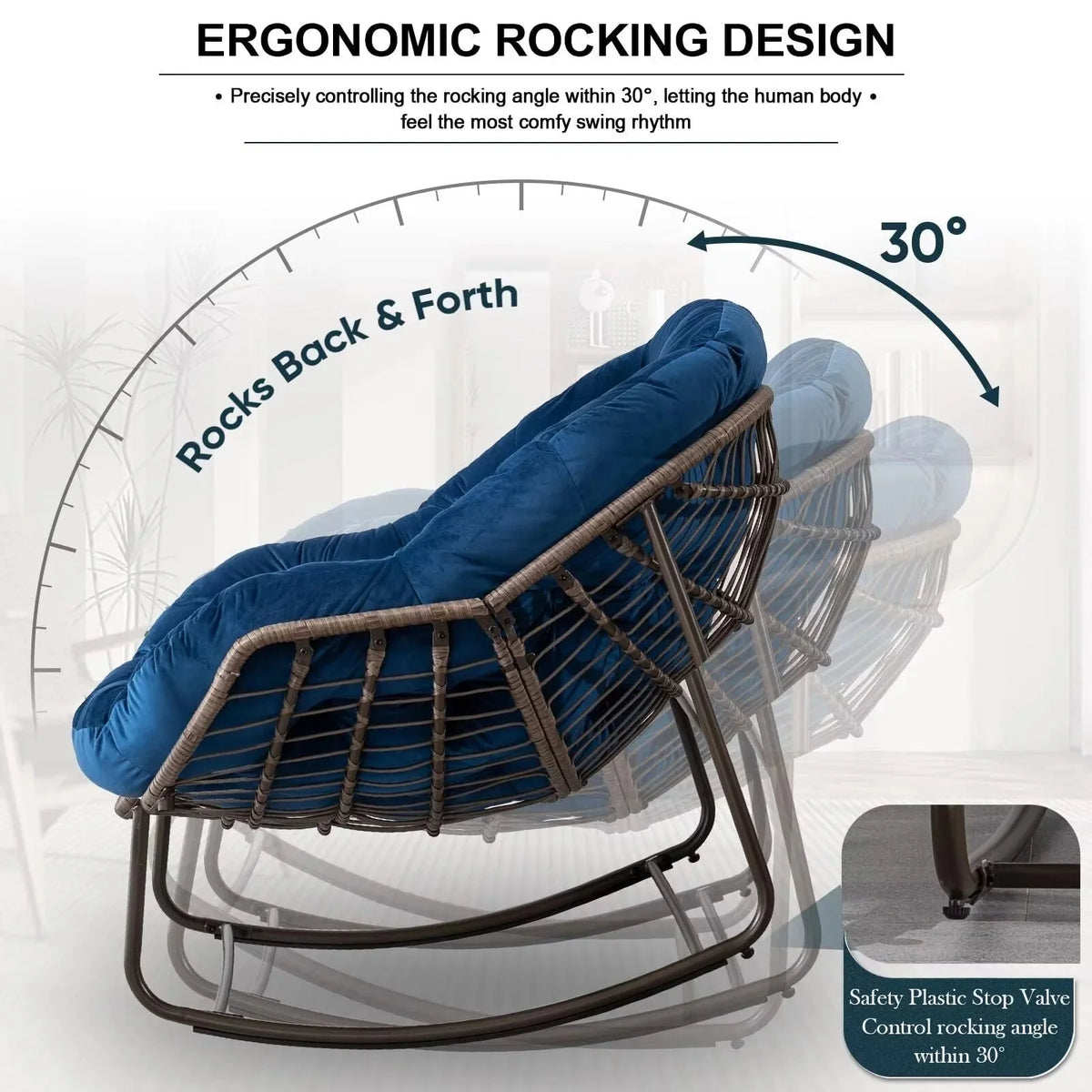 Outdoor Papasan Rocking Chair With Thick Cushion, Grey - 43.70in D x 37.20in W x 31.50in H