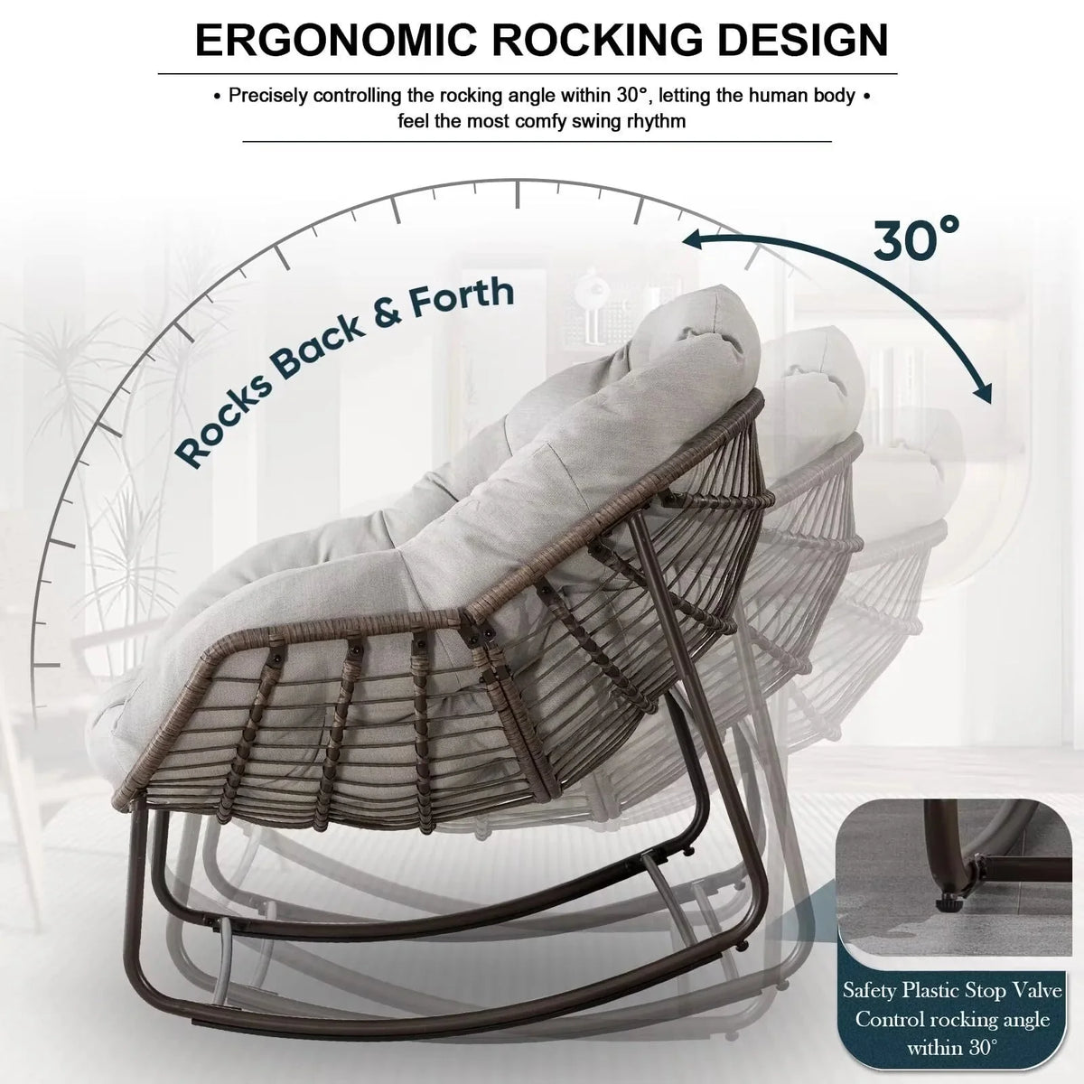 Outdoor Papasan Rocking Chair With Thick Cushion, Grey - 43.70in D x 37.20in W x 31.50in H