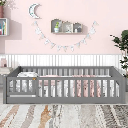 Uhomepro Full Size Wood Floor Bed Frame With Fence And Door - Gray/White/Natural/Espresso