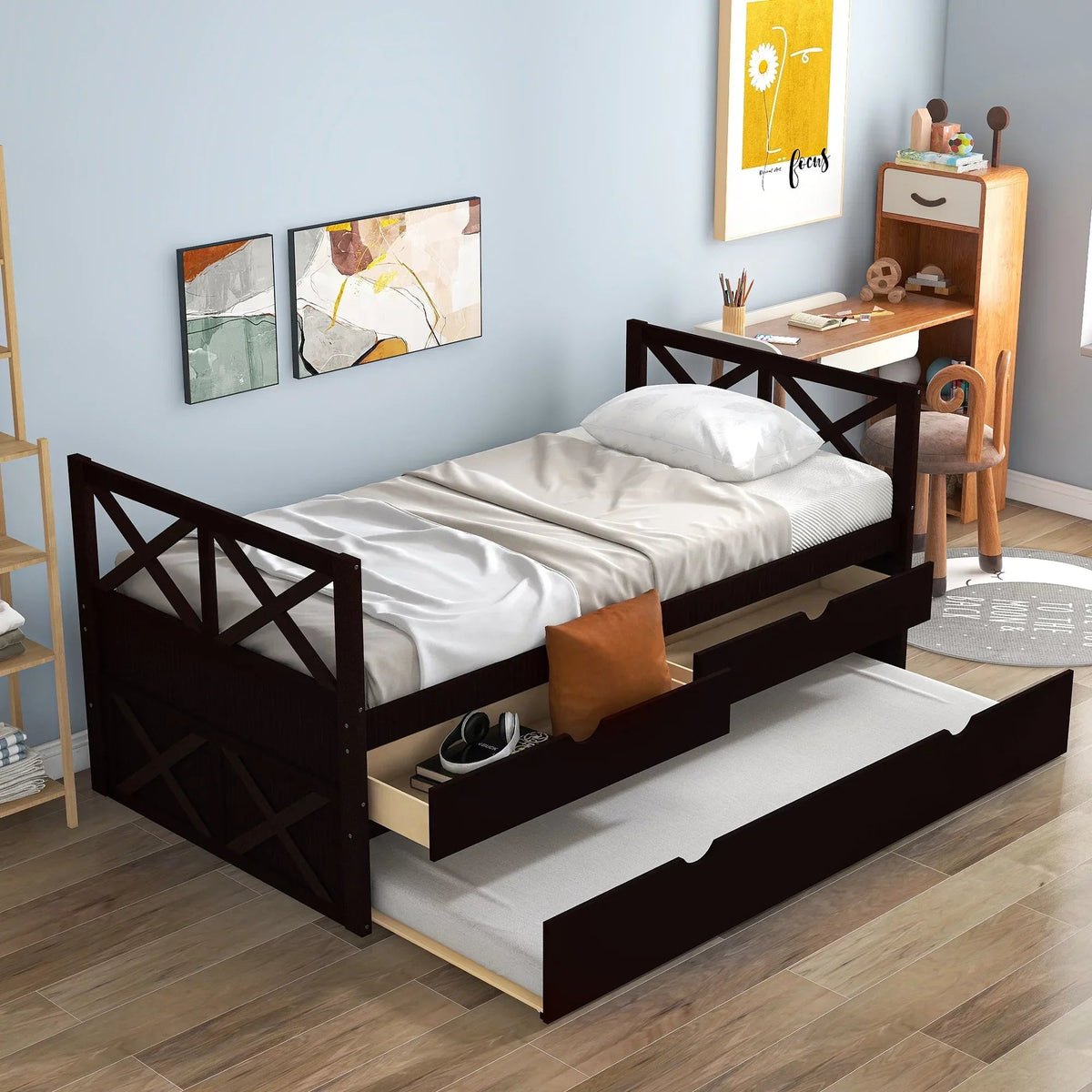 Captain Wood Twin Bed With Trundle And 3 Drawers, Brown, 78.9 in L x 42.7 in W x 36.2 in H