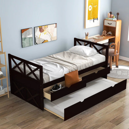 Captain Wood Twin Bed With Trundle And 3 Drawers, Brown, 78.9 in L x 42.7 in W x 36.2 in H