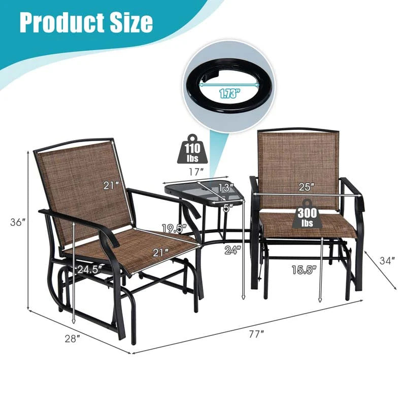 2-Person Double Swing Glider Chair With Glass Table, Steel And Fabric - 77in x 34in x 36in