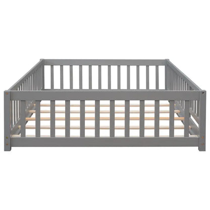 Uhomepro Full Size Wood Floor Bed Frame With Fence And Door - Gray/White/Natural/Espresso