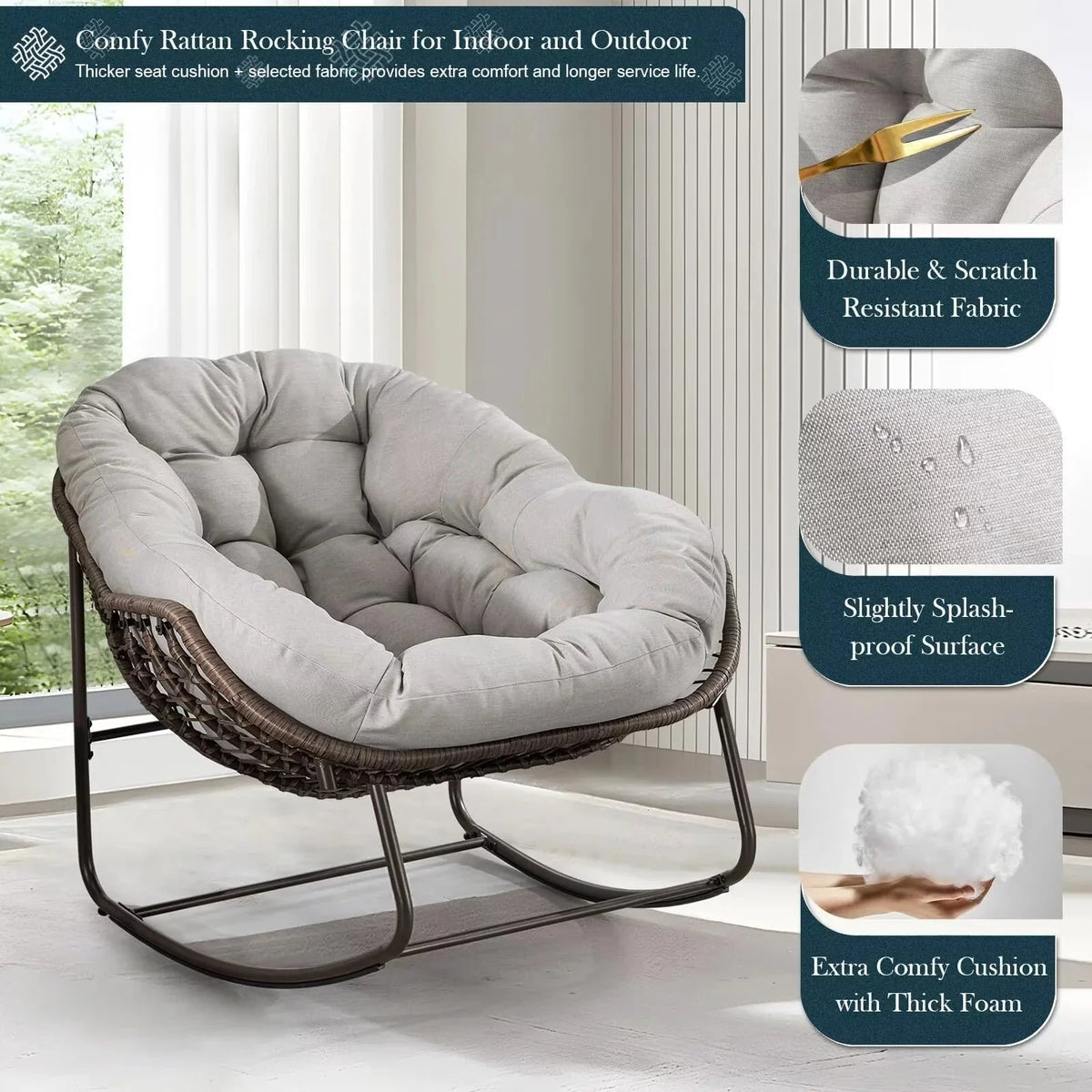 Outdoor Papasan Rocking Chair With Thick Cushion, Grey - 43.70in D x 37.20in W x 31.50in H