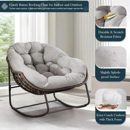 Outdoor Papasan Rocking Chair With Thick Cushion, Grey - 43.70in D x 37.20in W x 31.50in H