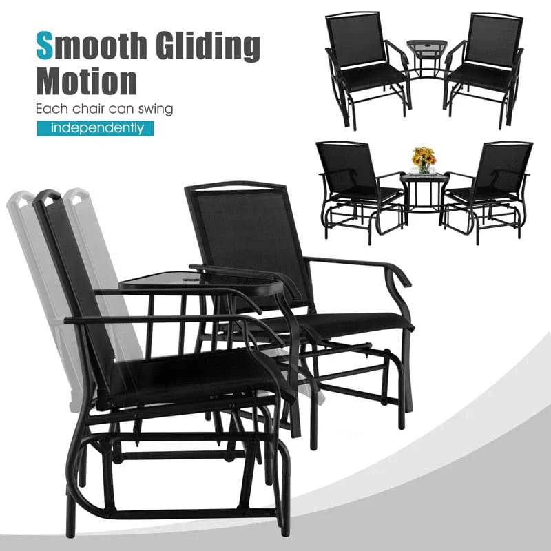 2-Person Double Swing Glider Chair With Glass Table, Steel And Fabric - 77in x 34in x 36in
