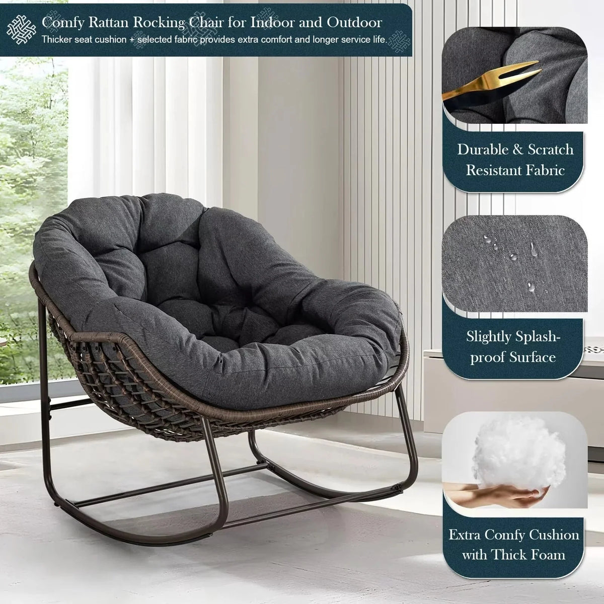 Outdoor Papasan Rocking Chair With Thick Cushion, Grey - 43.70in D x 37.20in W x 31.50in H