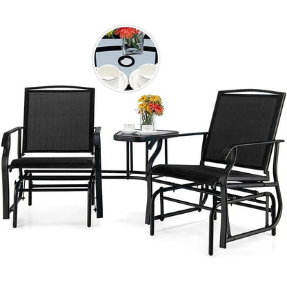 2-Person Double Swing Glider Chair With Glass Table, Steel And Fabric - 77in x 34in x 36in