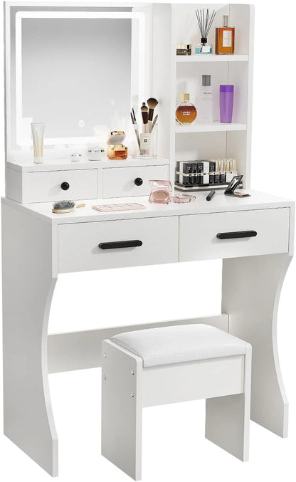 Makeup Table With Mirror, Lights And Stool, 80x40x135cm, White - D089