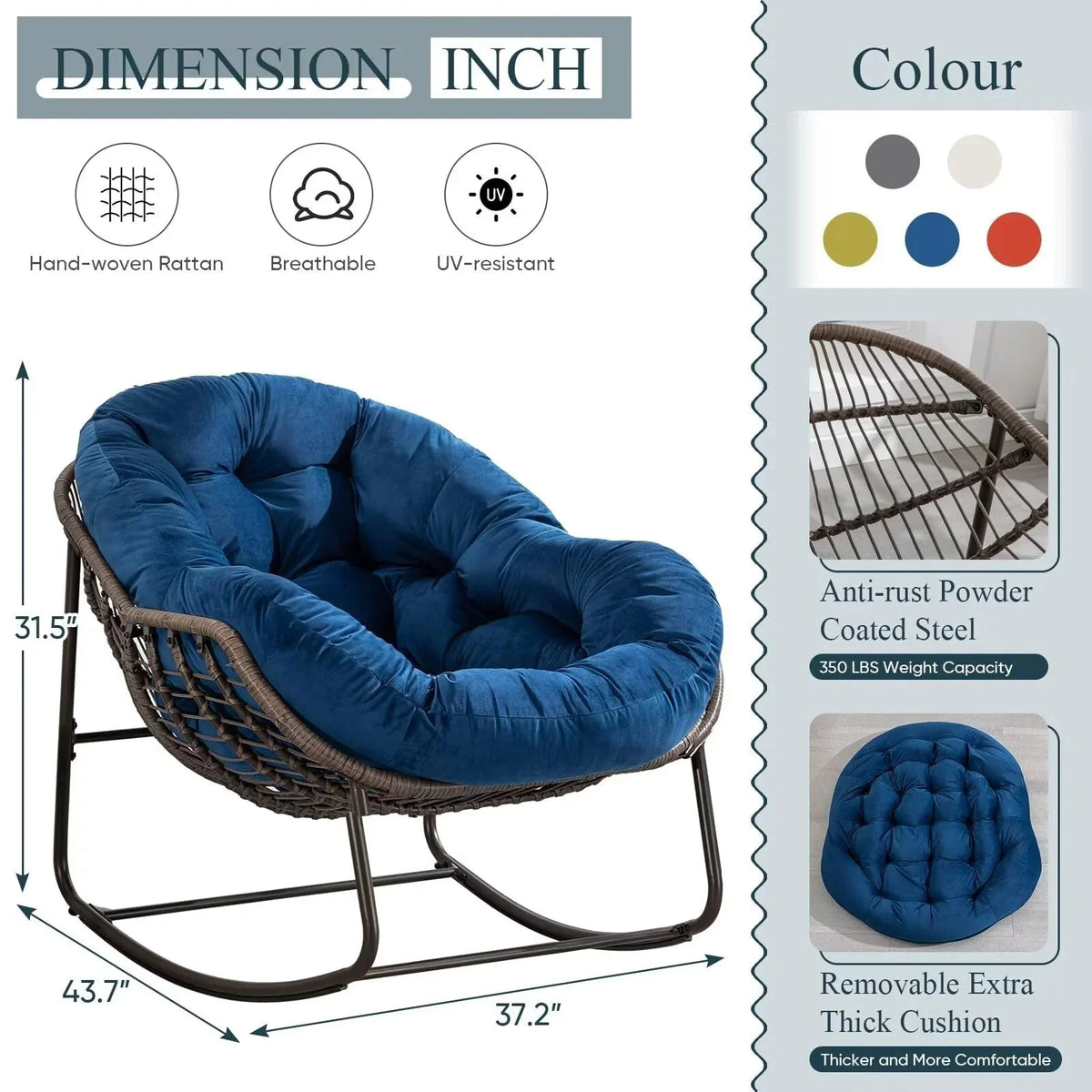 Outdoor Papasan Rocking Chair With Thick Cushion, Grey - 43.70in D x 37.20in W x 31.50in H