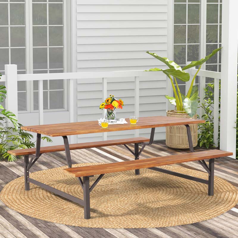 Acacia Wood Picnic Table Bench Set, 71in With 2in Umbrella Hole And Metal Frame